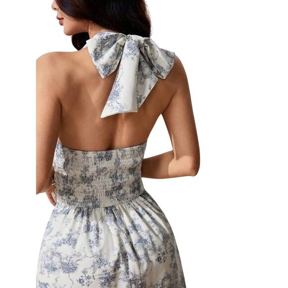 French Porcelain Print VTG Style Blue White Toile De Jouy Halter Dress Sz L - Picture 6 of 10